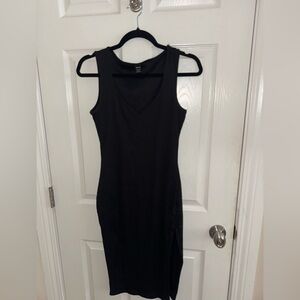 Black mini v neck dress with side slit